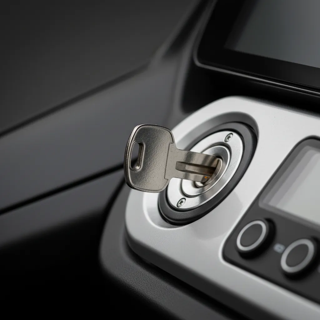 Motorcycle key inserted in the ignition switch