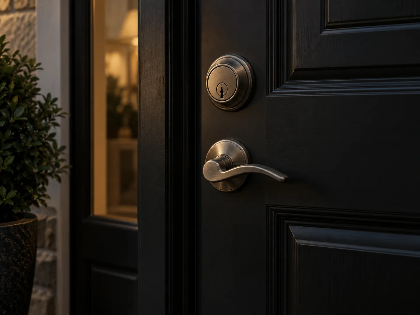 Residential front door with a deadbolt and handle lock