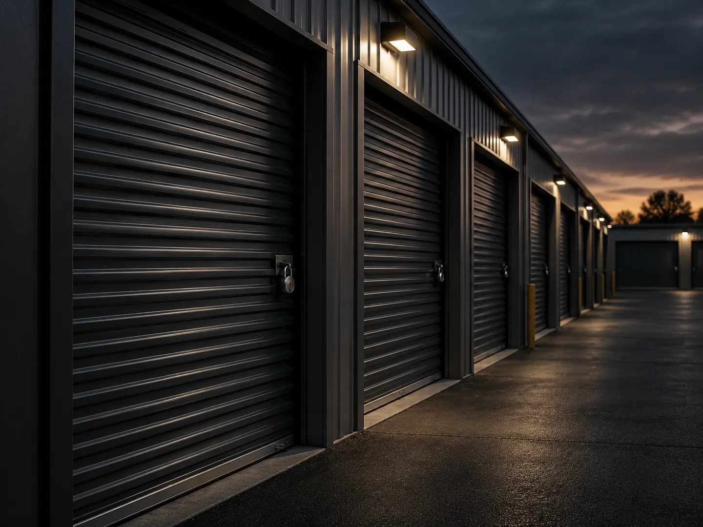 Row of storage unit doors at dusk